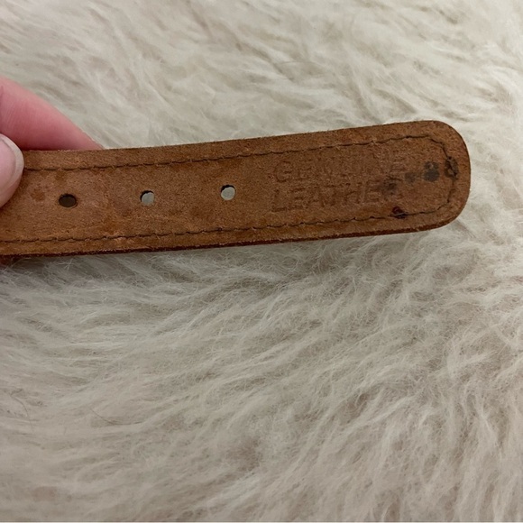 Vintage Woven Knit Preppy Blue Dot Print Genuine Brown Leather Belt - Picture 4 of 5